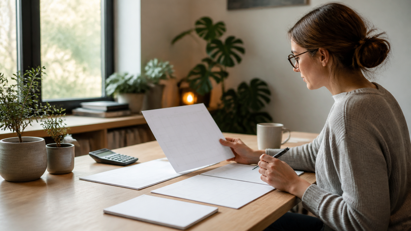 Zelfstandige maakt aan een houten tafel een financieel jaarplan met laptop, notitieboek en rekenmachine