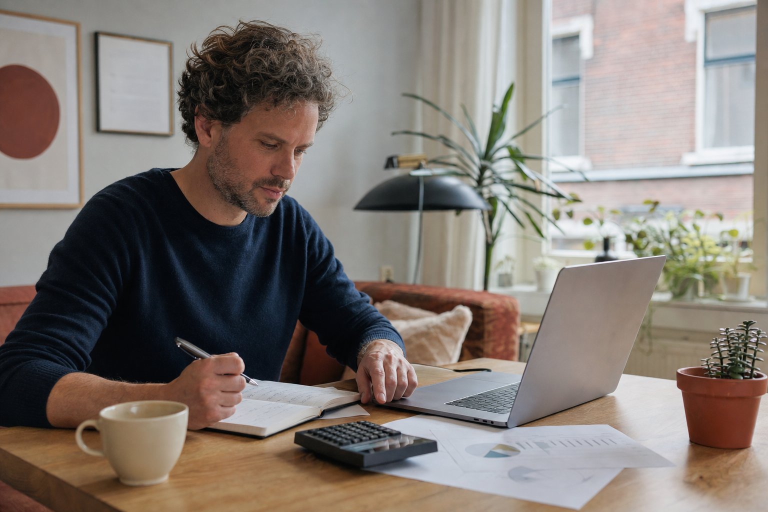 Zelfstandige maakt aan een houten tafel een financieel jaarplan met laptop, notitieboek en rekenmachine