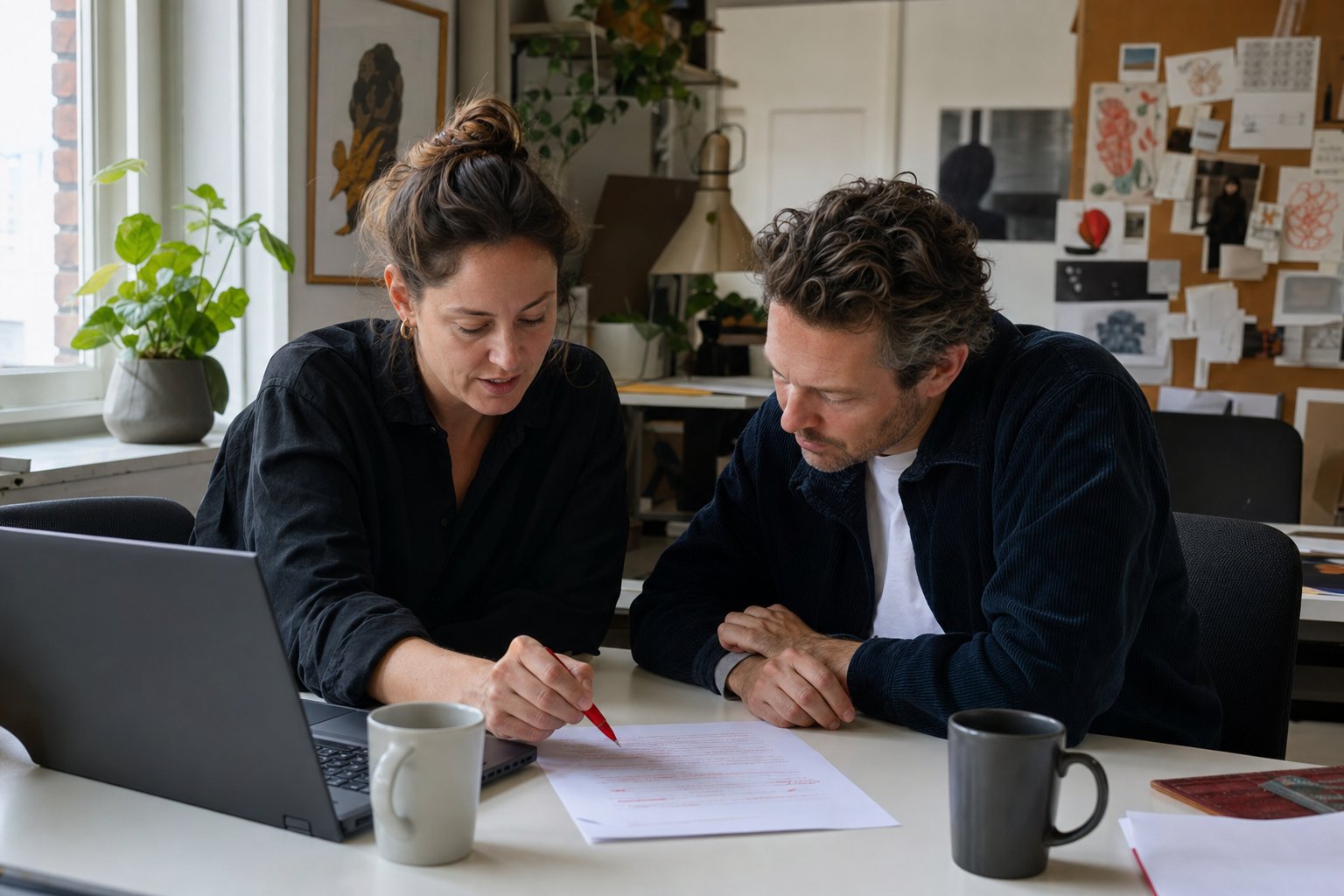 Twee collega’s bekijken samen een afgedrukte klantmail en brengen verbeteringen aan met een rode pen