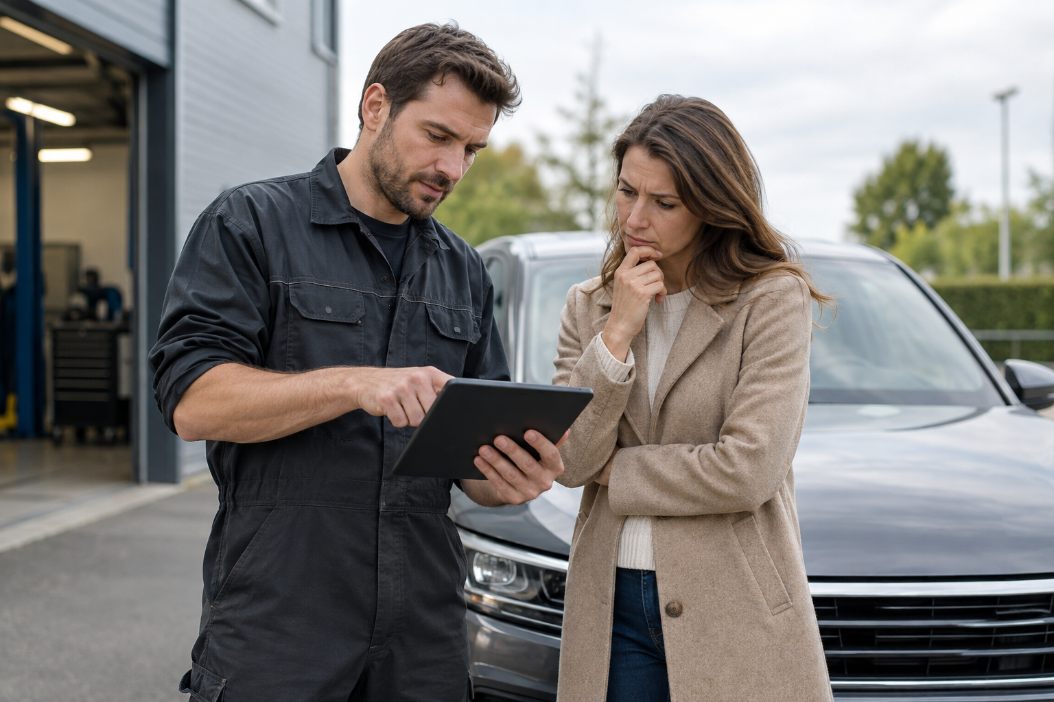 Monteur en automobilist bespreken een onderhoudsvraag