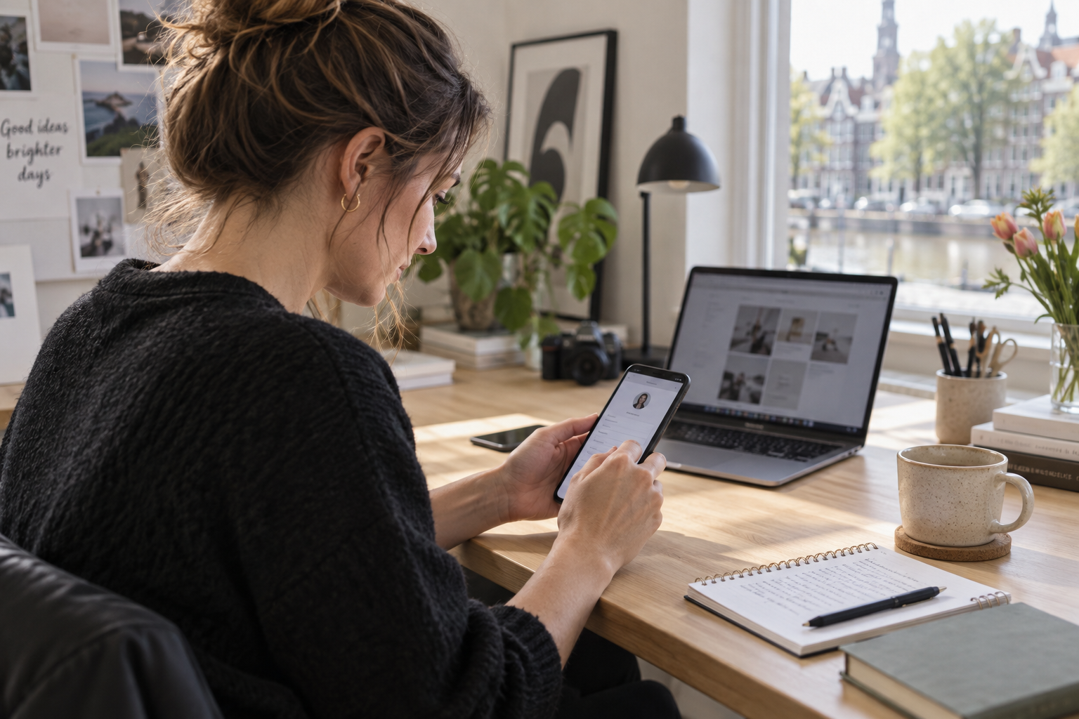 Zelfstandig professional bekijkt een contactprofiel op een smartphone aan haar bureau